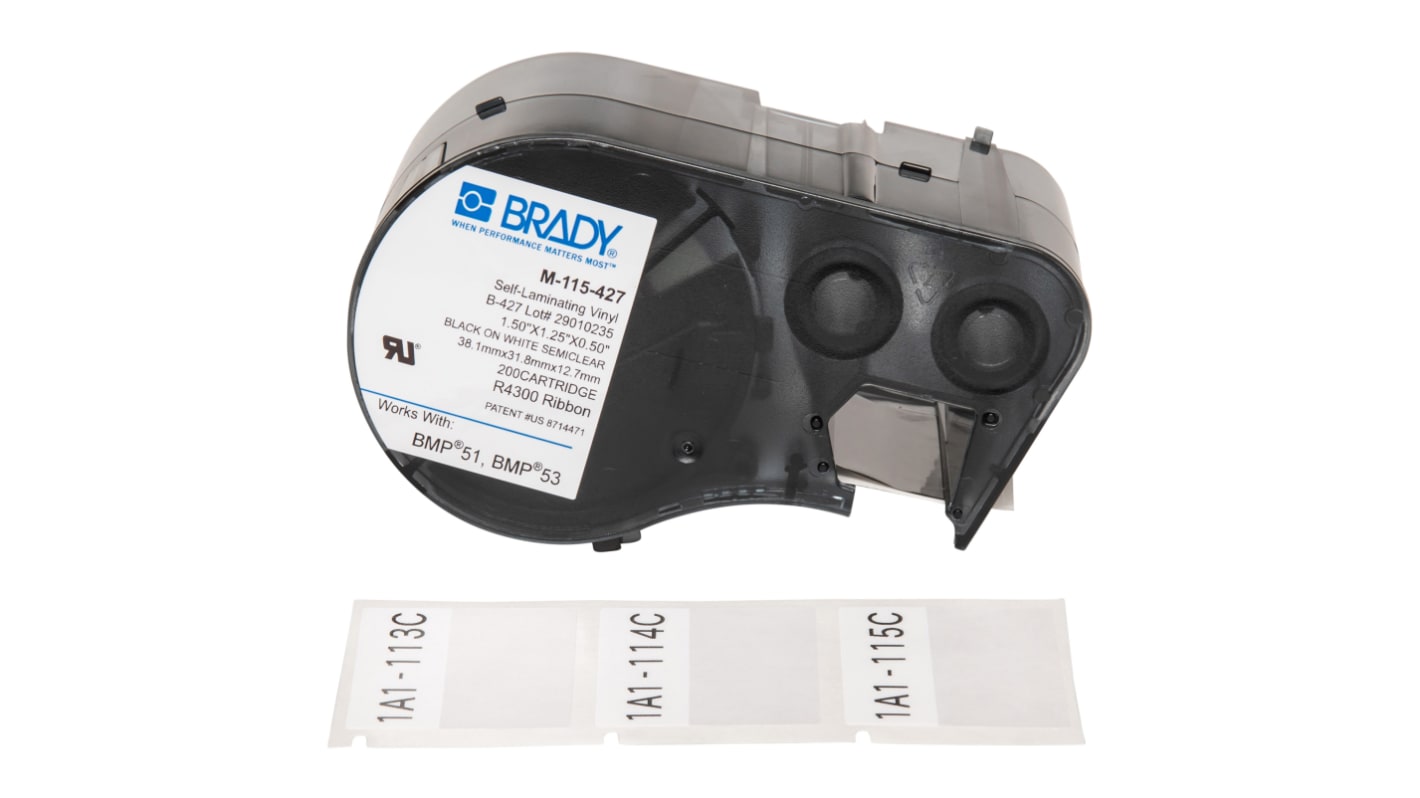 Brady B-427 Self-laminating Vinyl Black on White/Transparent Label Printer Tape, 38.1 mm Width, 31.75mm Label Length