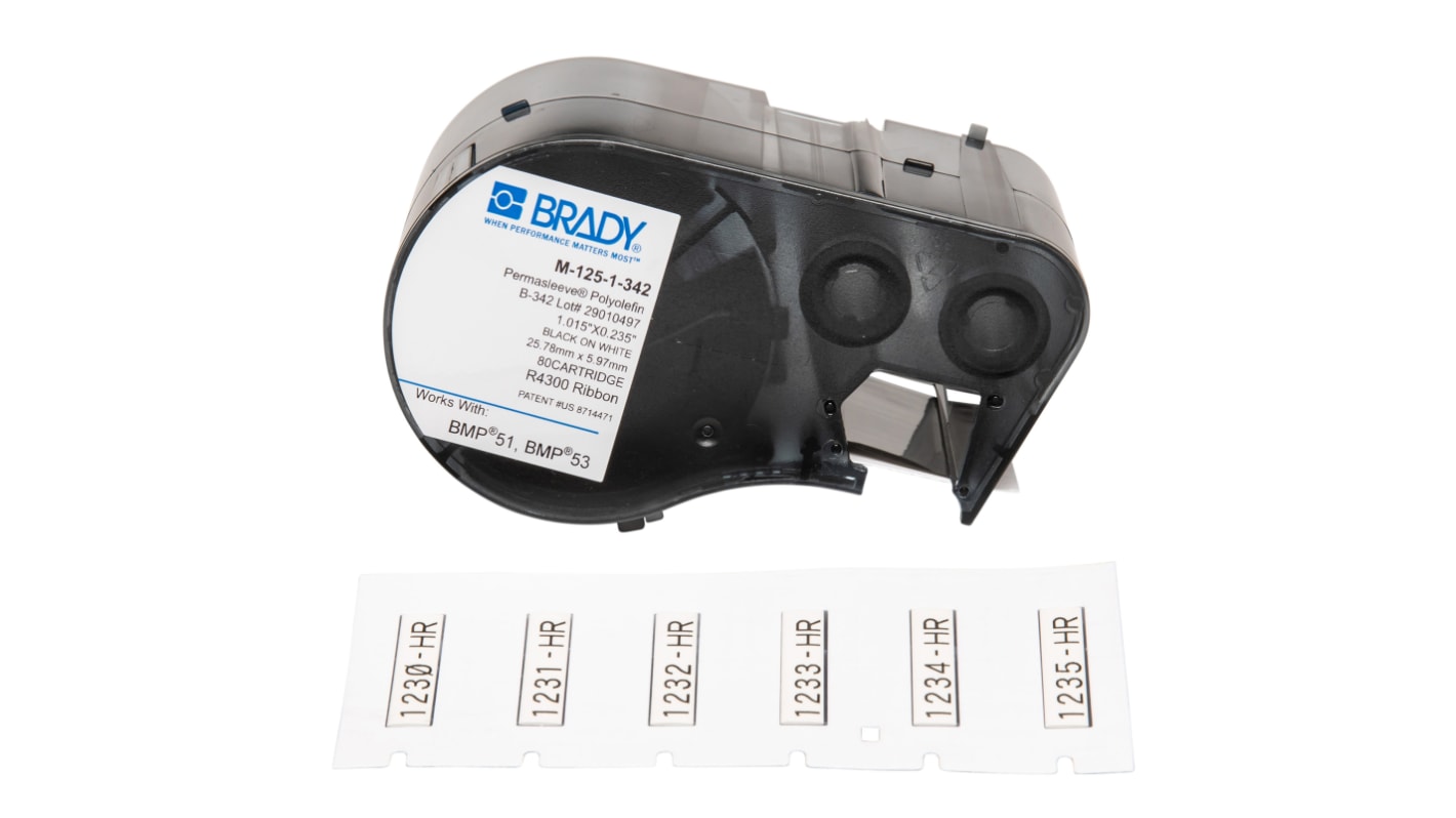 Brady B-342 PermaSleeve Black on White Label Printer Tape, 25.78 mm Width, 5.97mm Label Length