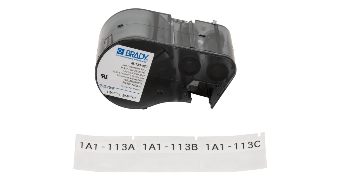 Brady B-427 Self-laminating Vinyl Black on White/Transparent Label Printer Tape, 44.45 mm Width, 25.4mm Label Length