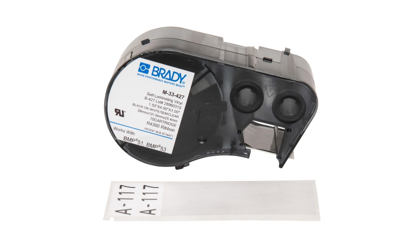 Brady B-427 Self-laminating Vinyl Black on White/Transparent Label Printer Tape, 38.1 mm Width, 101.6mm Label Length