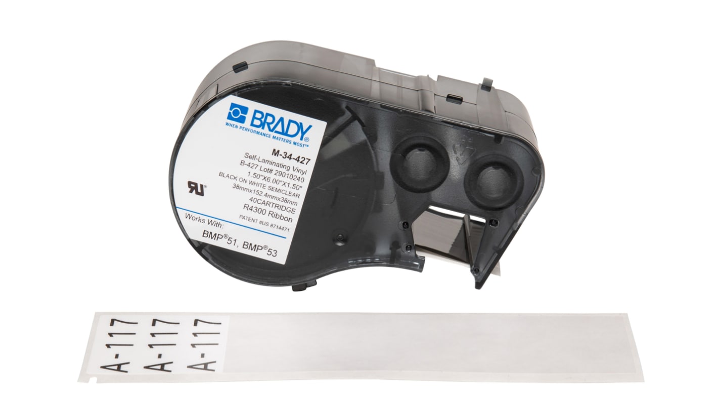 Brady B-427 Self-laminating Vinyl Black on White/Transparent Label Printer Tape, 38.1 mm Width, 152.4mm Label Length