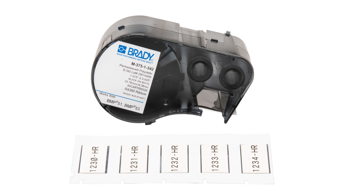 Brady B-342 Black on Black on White Label Printer Tape, 25.40 mm Width, 16.38mm Label Length
