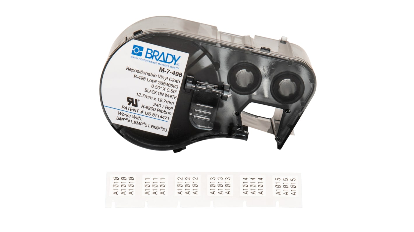 Brady B-498 Black on Black on White Label Printer Tape, 12.70 mm Width, 12.7mm Label Length
