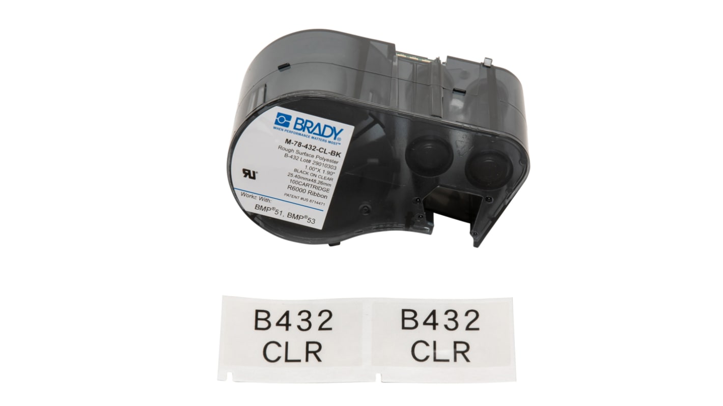 Brady B-432 Black on Black on Transparent Label Printer Tape, 25.40 mm Width, 25.4mm Label Length