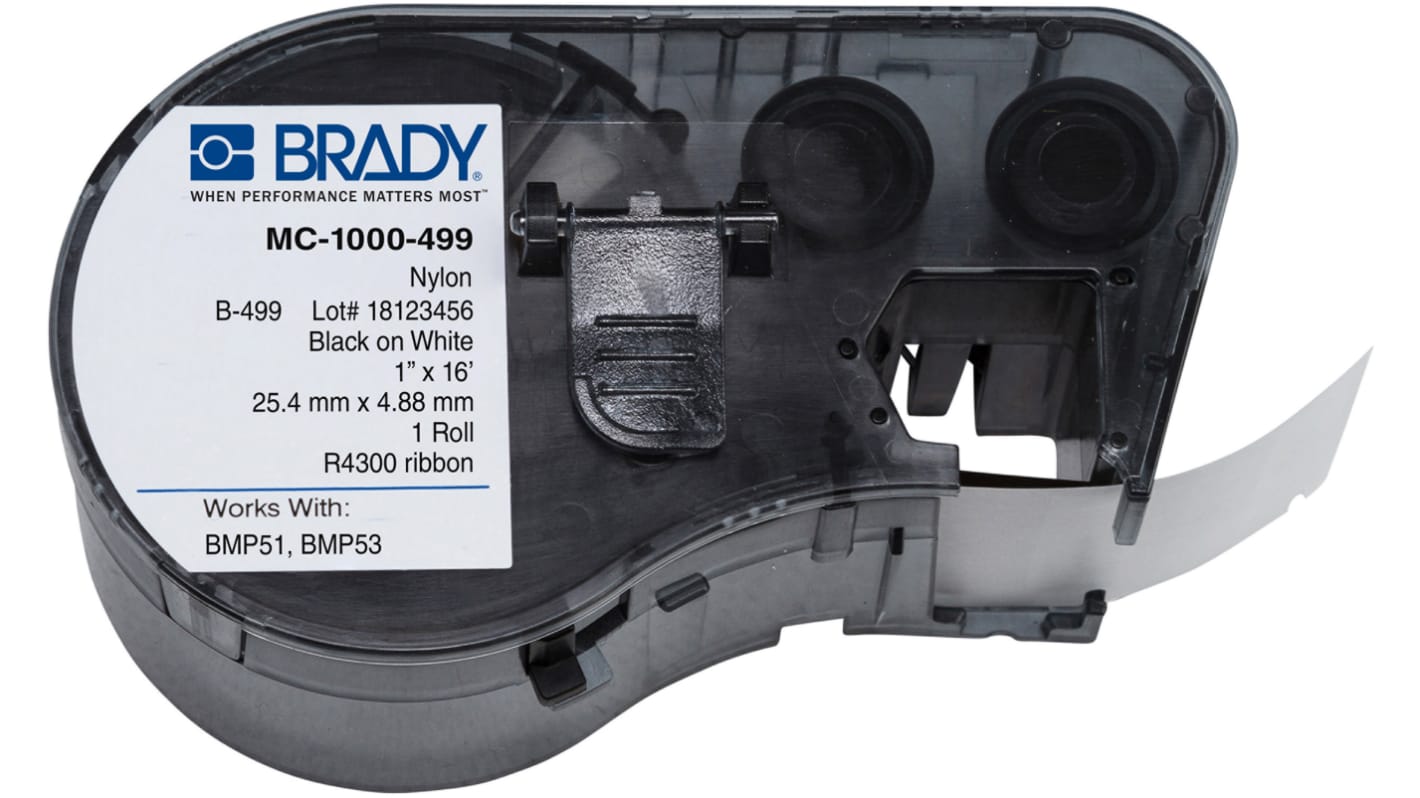 Brady B-499 Black on Black on White Label Printer Tape, 4.88 m Length, 25.40 mm Width