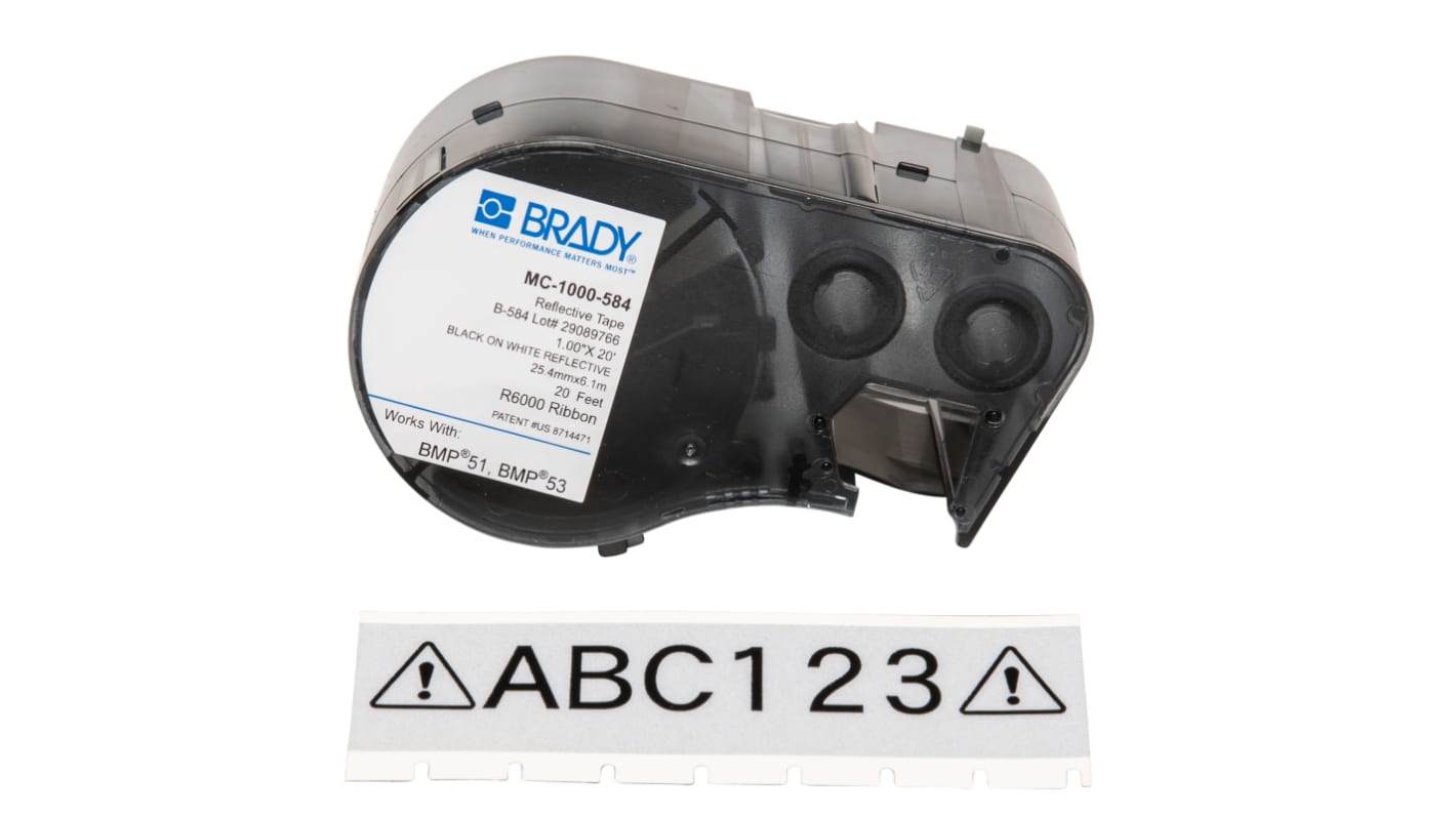 Brady B-584 Reflective Black on White Label Printer Tape, 6.1 m Length, 25.4 mm Width