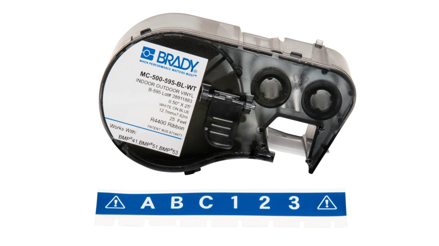 Brady B-595 Vinyl White on Blue Label Printer Tape, 7.62 m Length, 12.7 mm Width