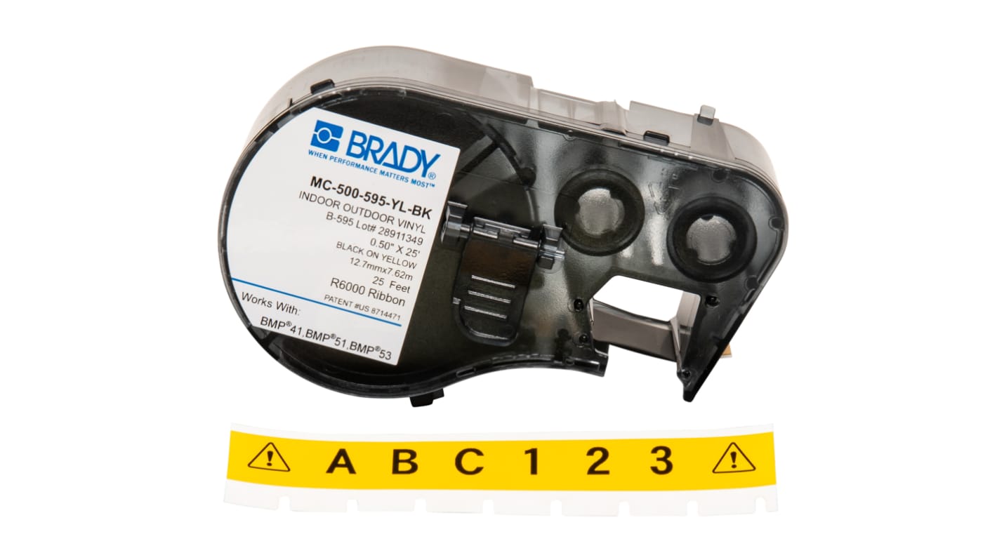 Brady B-595 Vinyl Black on Yellow Label Printer Tape, 7.62 m Length, 12.7 mm Width