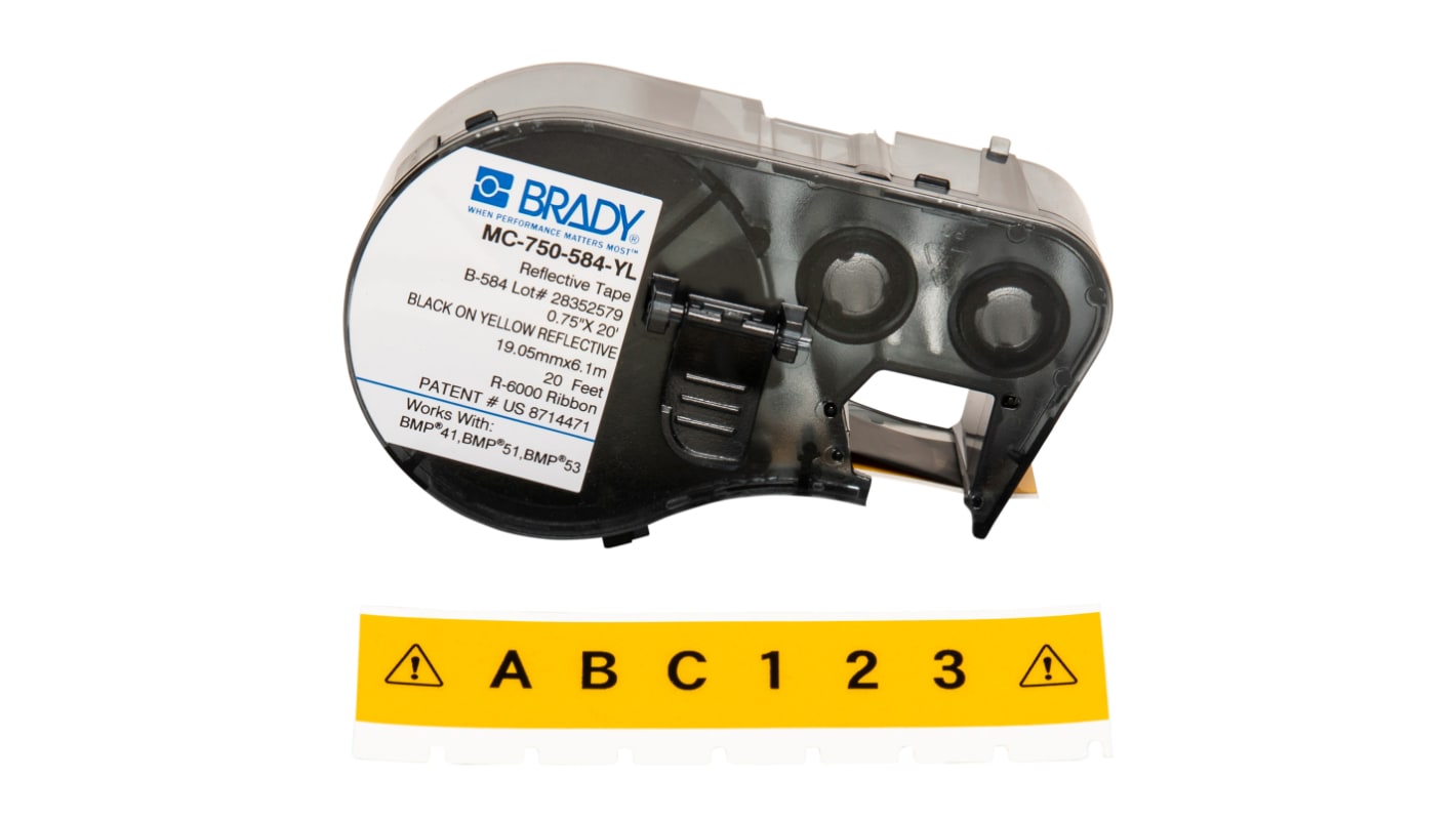 Brady B-584 Reflective Black on Yellow Label Printer Tape, 6.1 m Length, 19.05 mm Width