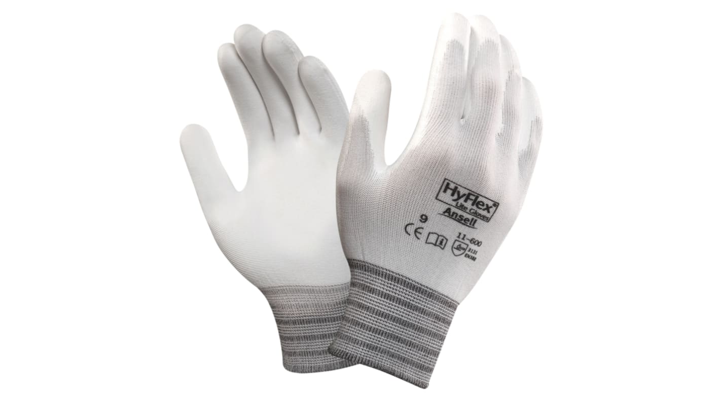 Ansell HyFlex 11-600 White Nylon General Purpose Work Gloves, Size 9, Polyurethane Coating