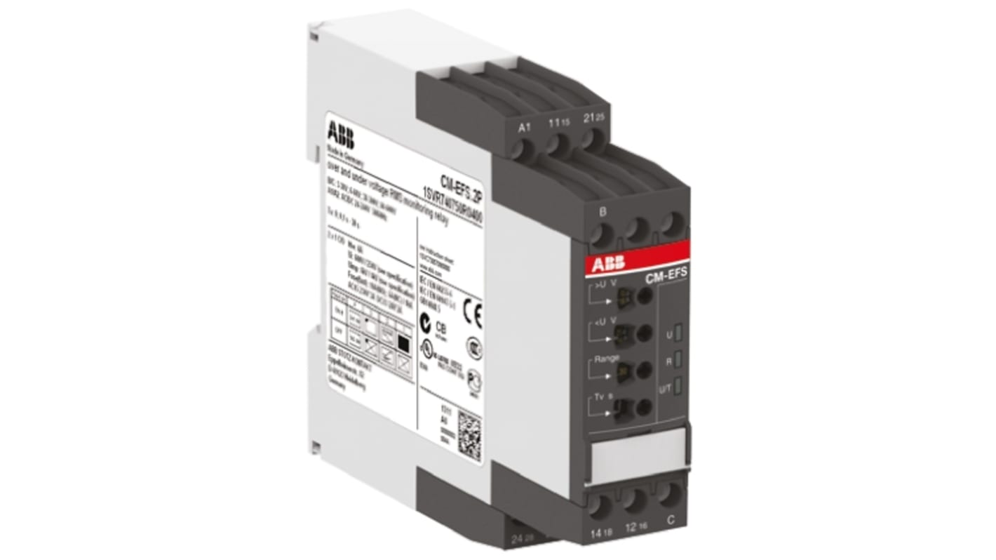 ABB Voltage Monitoring Relay, 1 Phase, DPDT, 3→30 V, 6→60 V, 30→300 V, 60→600 V, DIN Rail