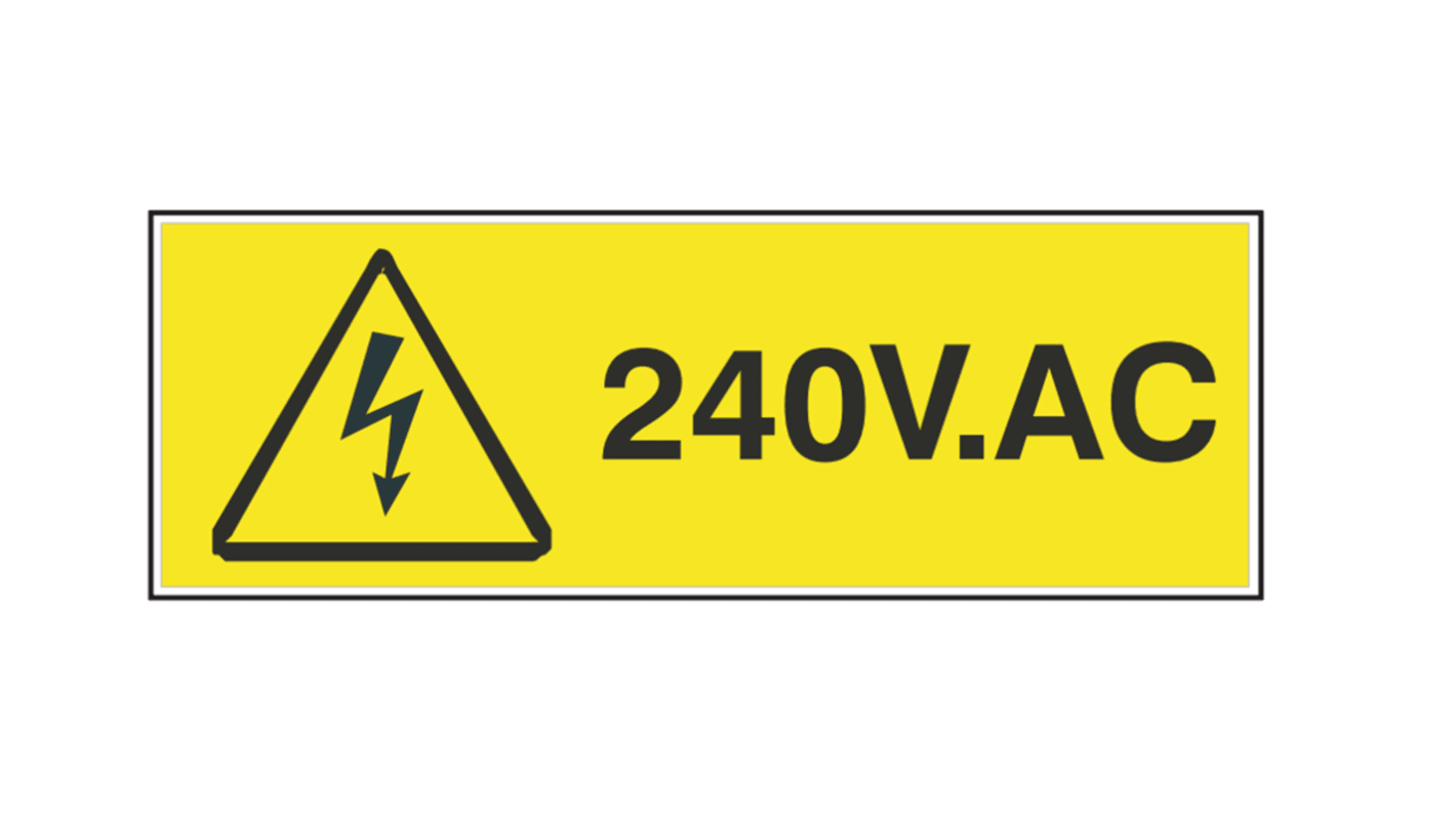 RS PRO Black/Yellow Vinyl Safety Labels, 240V AC-Text 20 mm x 60mm