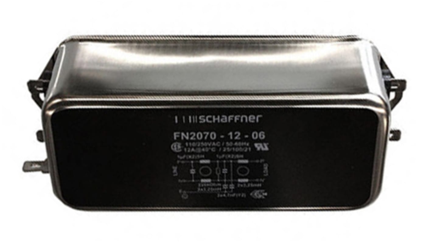 Filtro EMI Schaffner 1 μF, 4.7nF, 12A, 250 V AC / DC, 400Hz 3,25 mH, Montaje en Panel, con terminales Faston 0,734 mA,