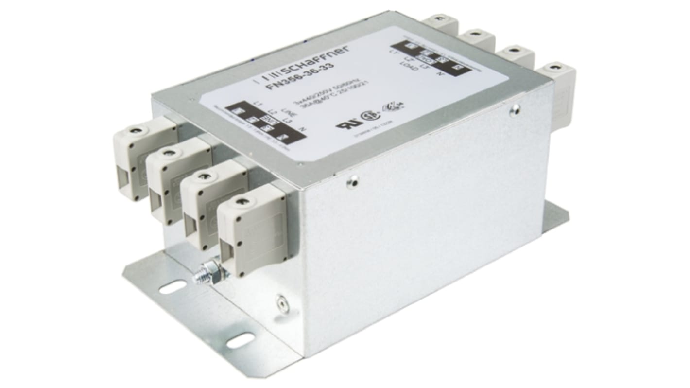 Schaffner, FN356 36A 440/250 V ac 60Hz, Chassis Mount EMI Filter, Terminal Block 3 Phase