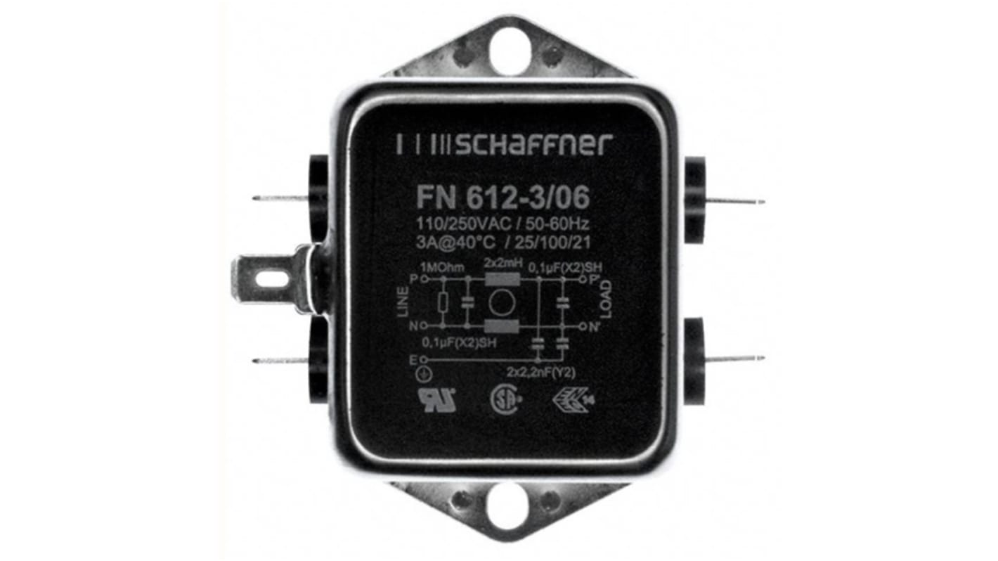 Schaffner, FN612 3A 250 DC to 400Hz, Chassis Mount EMI Filter, Tab, Single Phase