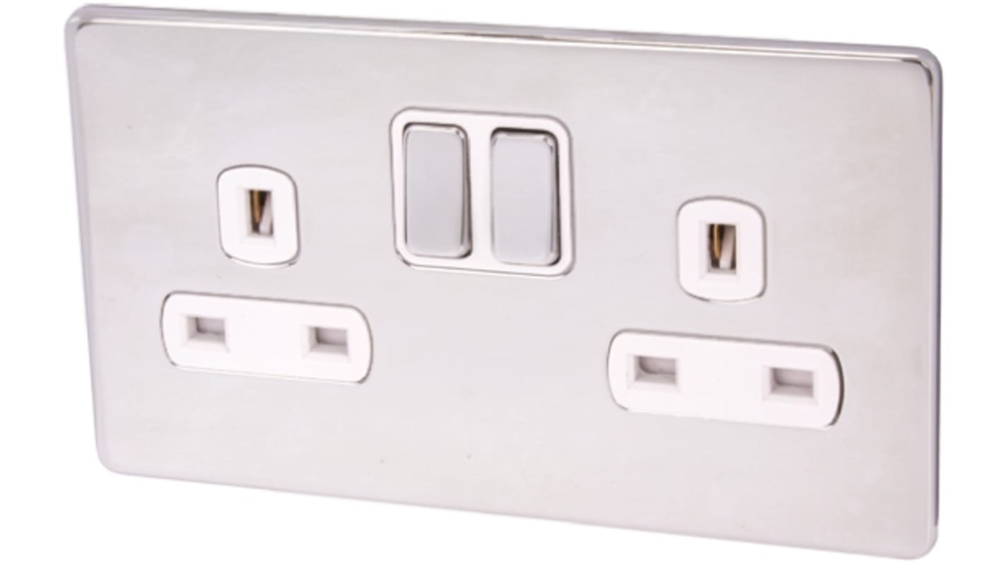 Deta Screwless Metal 2 Gang Electrical Socket, 2 Poles, 13A, Type G - British, Indoor Use