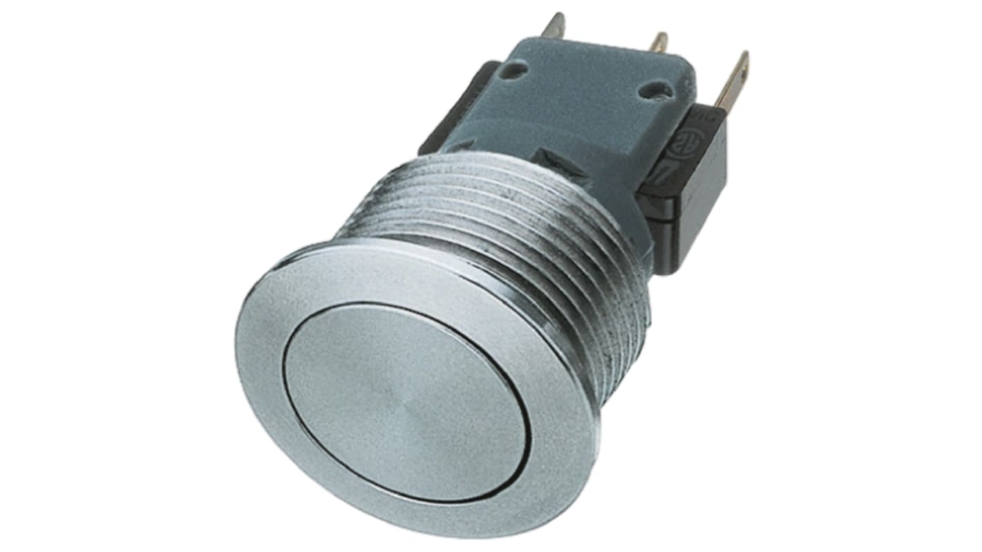 Schurter 按钮开关, Φ30mm开孔, 面板安装, 瞬时操作, 银色圆形, 单刀双掷, IP40