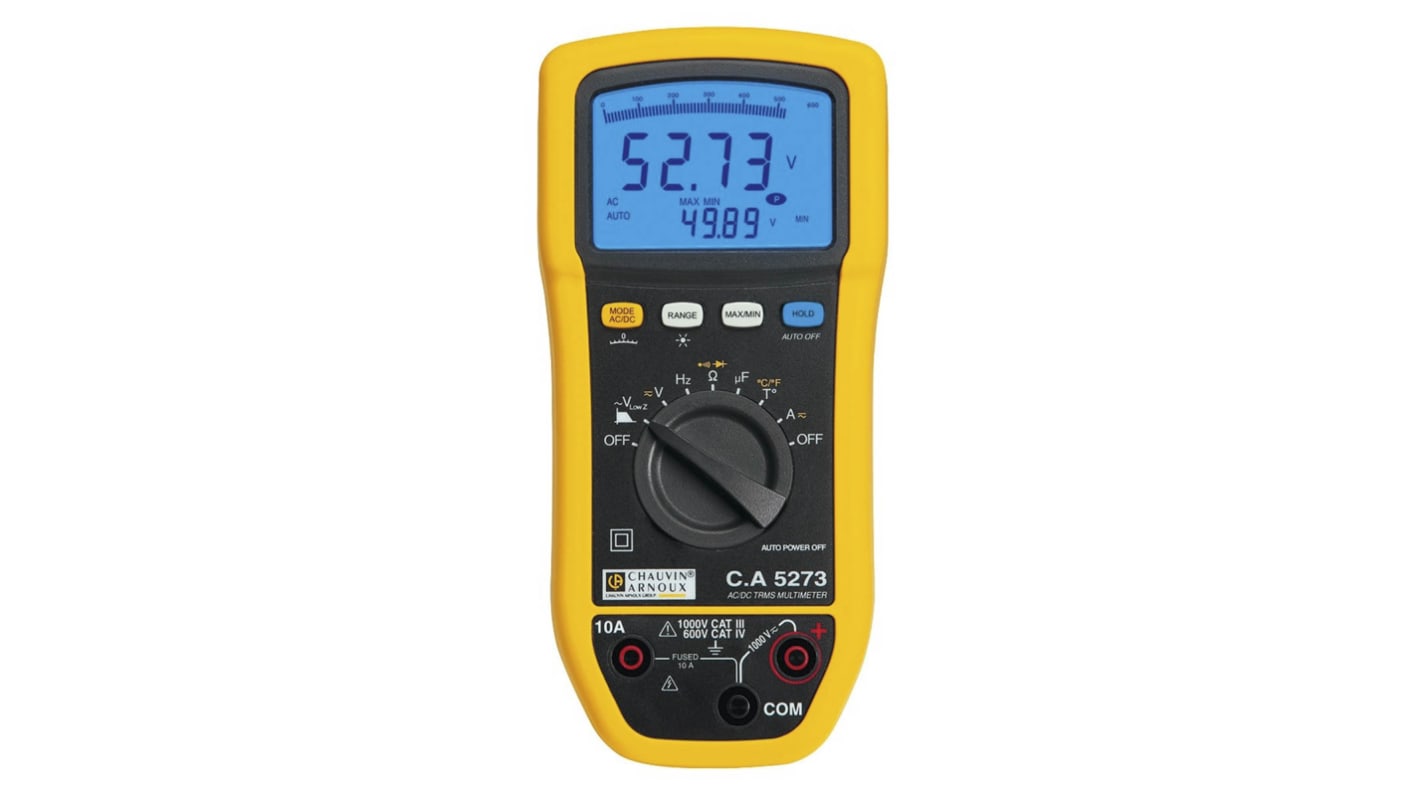 Chauvin Arnoux CA 5273 Handheld Digital Multimeter, True RMS, 10A ac Max, 20A dc Max, 1000V ac Max