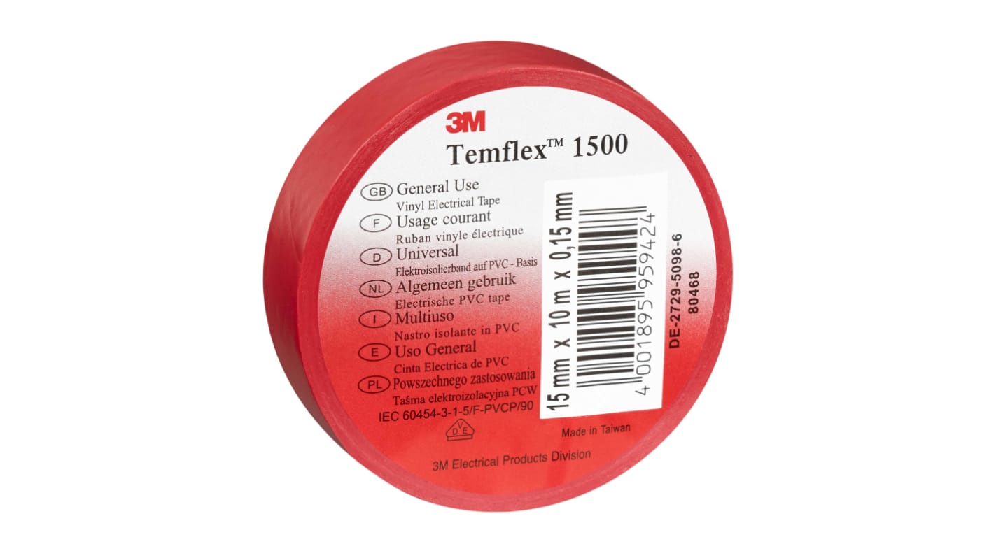 3M Temflex 1500 Red PVC Electrical Tape, 19mm x 20m