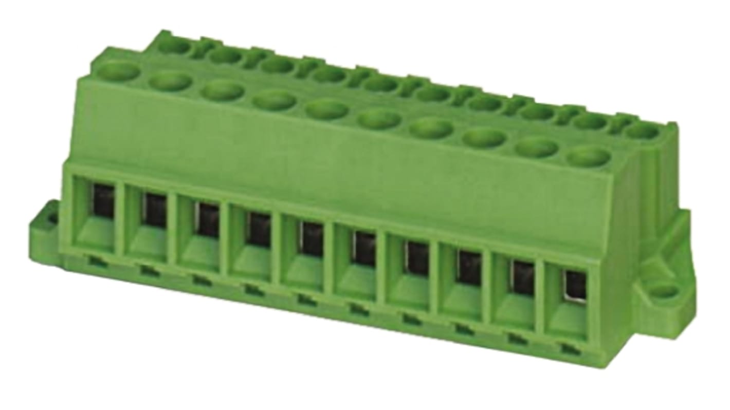 Bloque de terminal PCB Hembra Ángulo recto Phoenix Contact de 8 vías, paso 5.08mm, 12A, de color Verde, montaje de