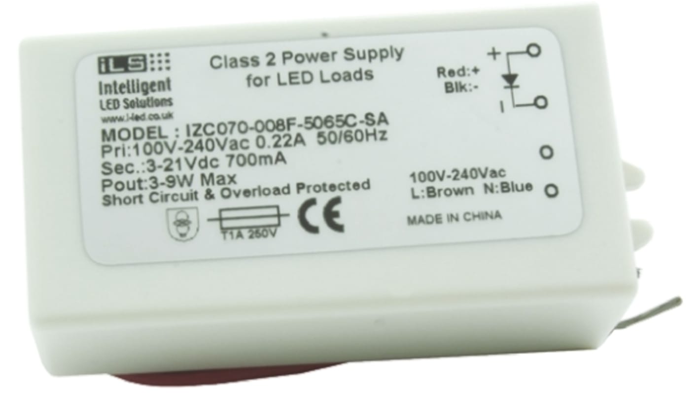 Driver LED corriente constante  ILS, IN: 100 → 240 V, OUT: 3 → 12V, 700mA, 9W, IP65