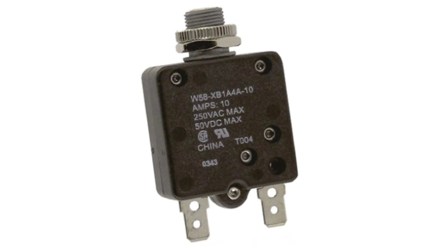 TE Connectivity Thermal Circuit Breaker - W58  Single Pole 50 V dc, 250V ac Voltage Rating, 10A Current Rating