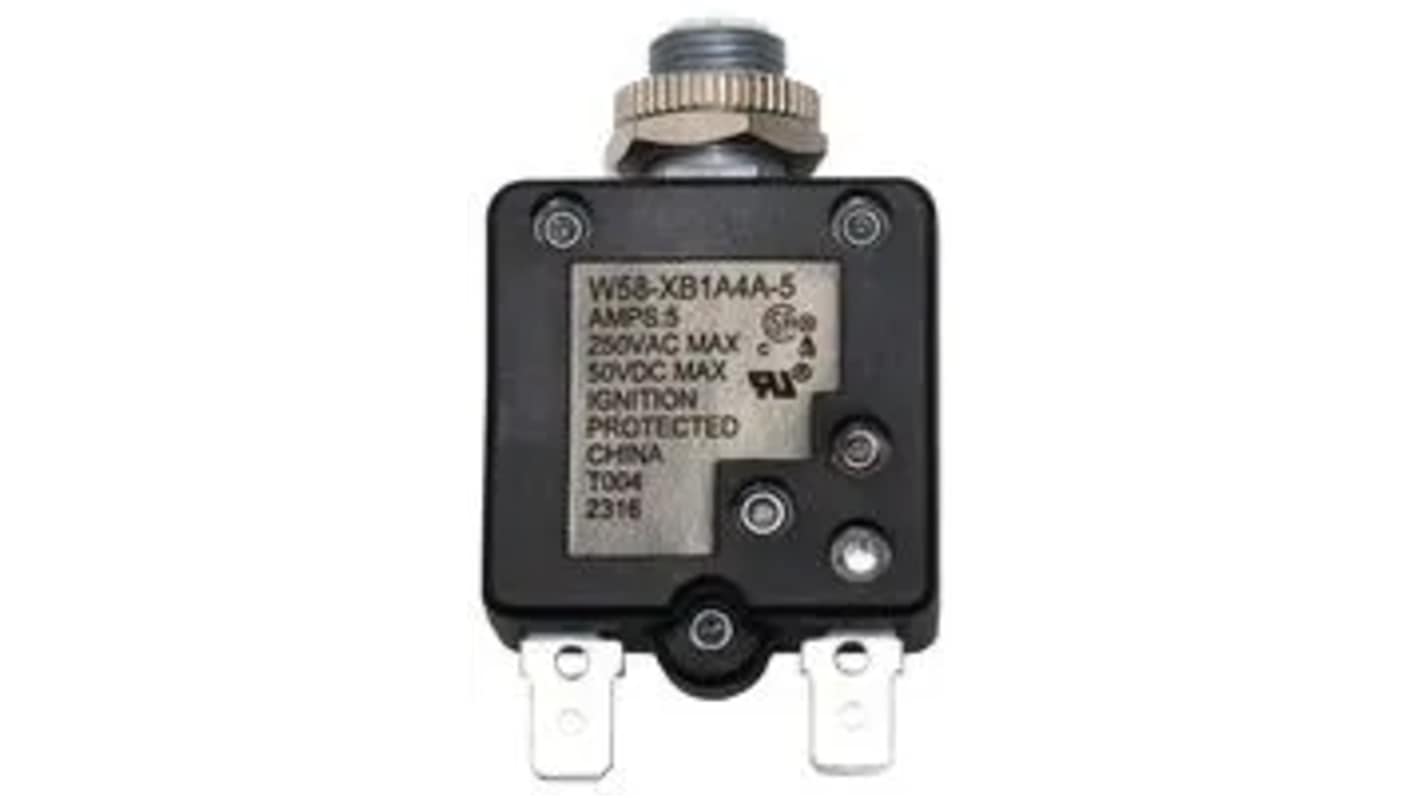 TE Connectivity Thermal Circuit Breaker - W58  Single Pole 50 V dc, 250V ac Voltage Rating, 5A Current Rating