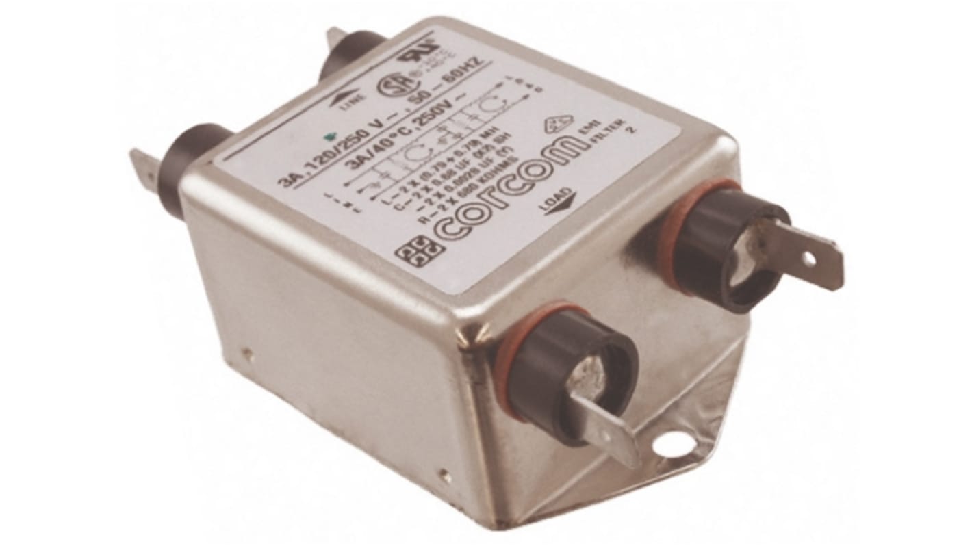 TE Connectivity, Corcom EMC 3A 250 V ac 50/60Hz, Flange Mount RFI Filter, Fast-On, Single Phase