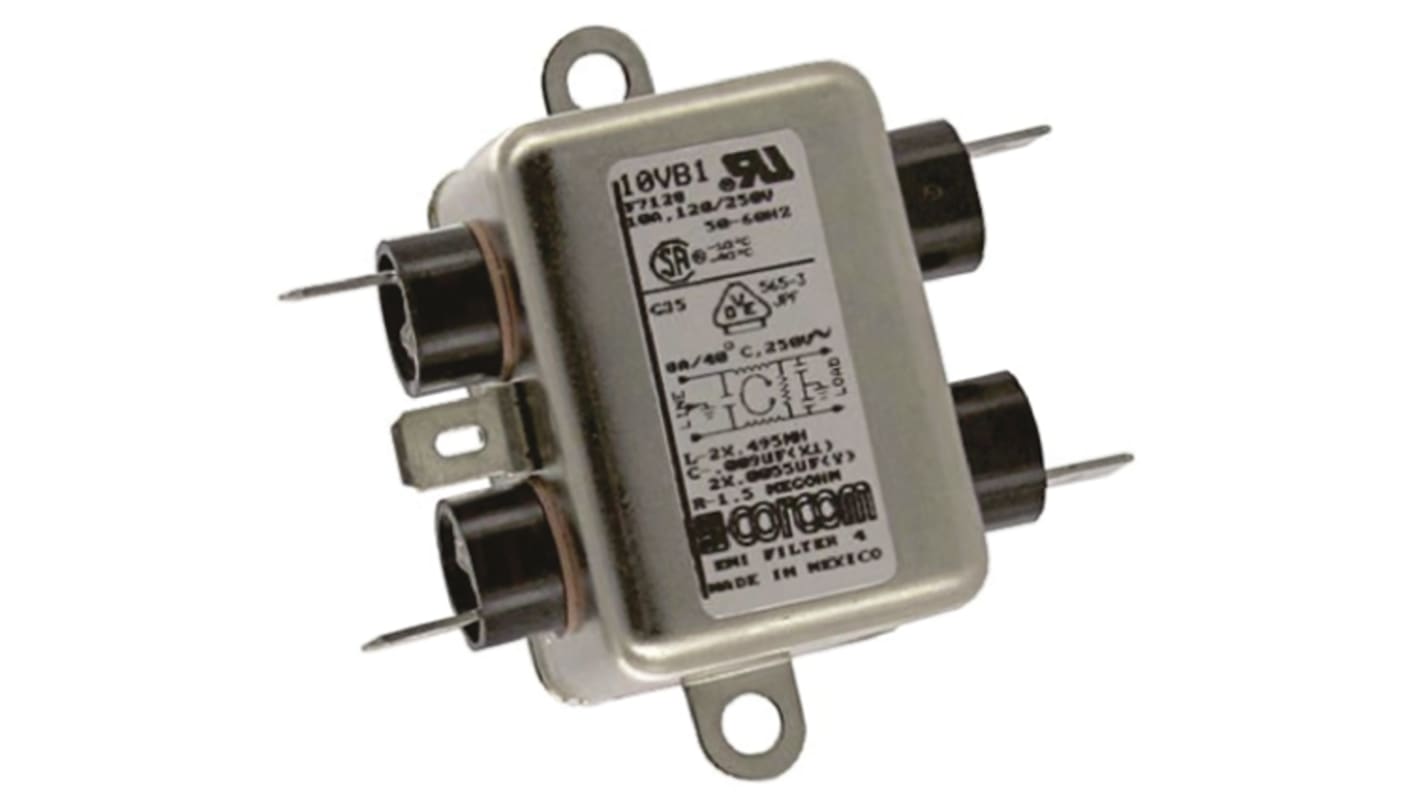 TE Connectivity Corcom B Entstörfilter, 250 V AC, 10A, Flanschmontage, Flachstecker / 50/60Hz Single Stage Zustände