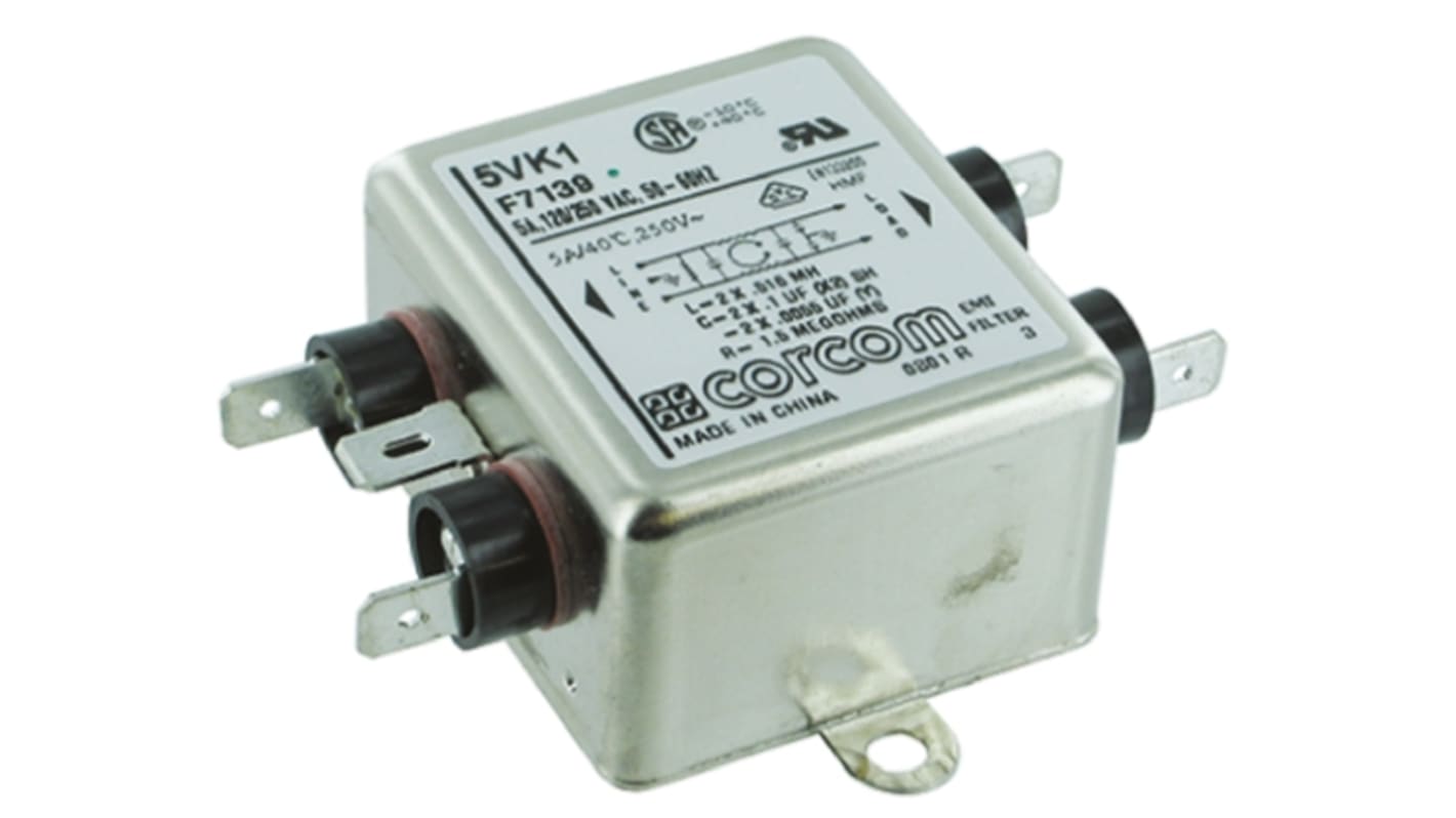 TE Connectivity, Corcom K 5A 250 V ac 50/60Hz, Flange Mount RFI Filter, Fast-On, Single Phase