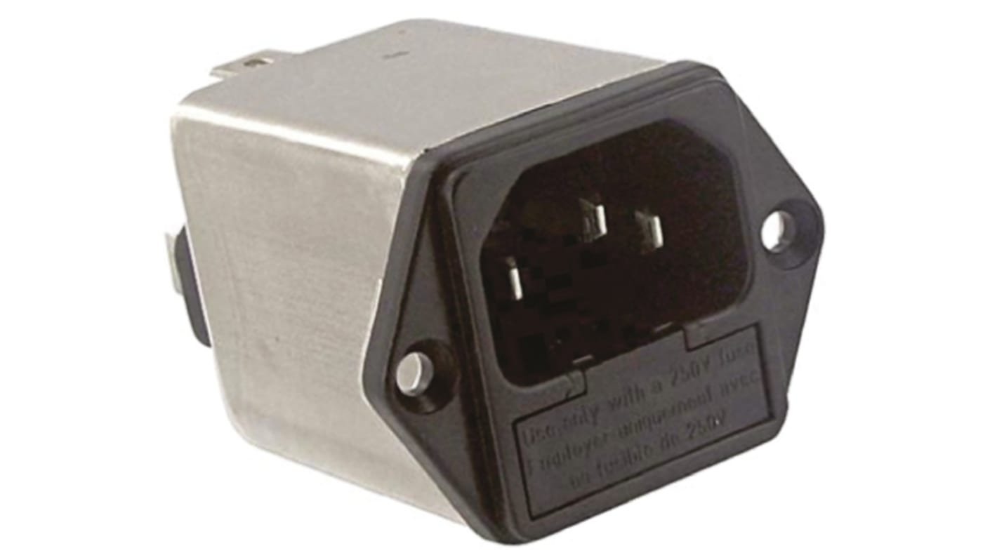 TE Connectivity 6A, 250 V ac Male Flange Mount IEC Filter 6EGG1-2, Spade 2 Fuse