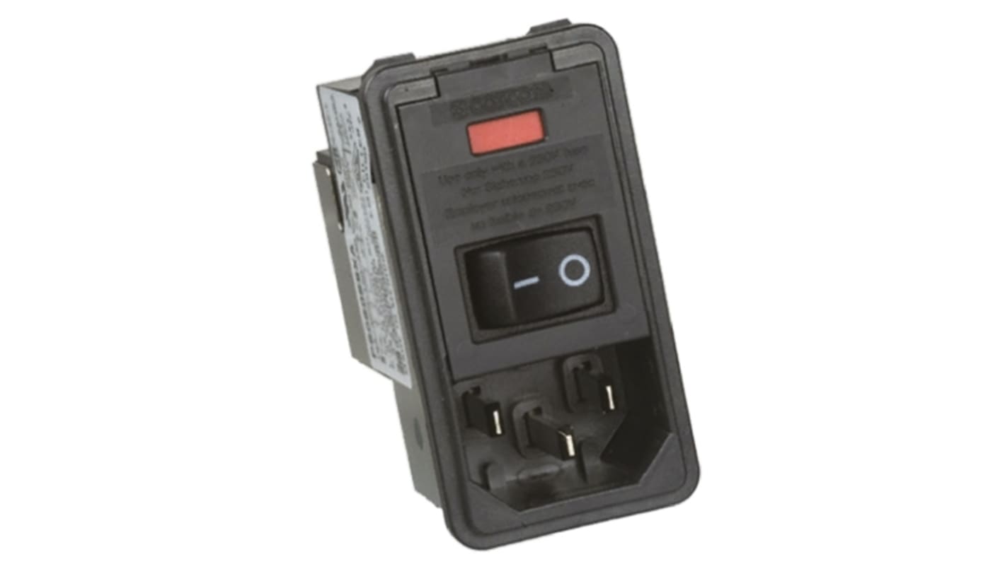 TE Connectivity C14插座滤波器, 额定电压250 V 交流, 额定电流10A, 单保险丝座, 2 极开关, 卡入式