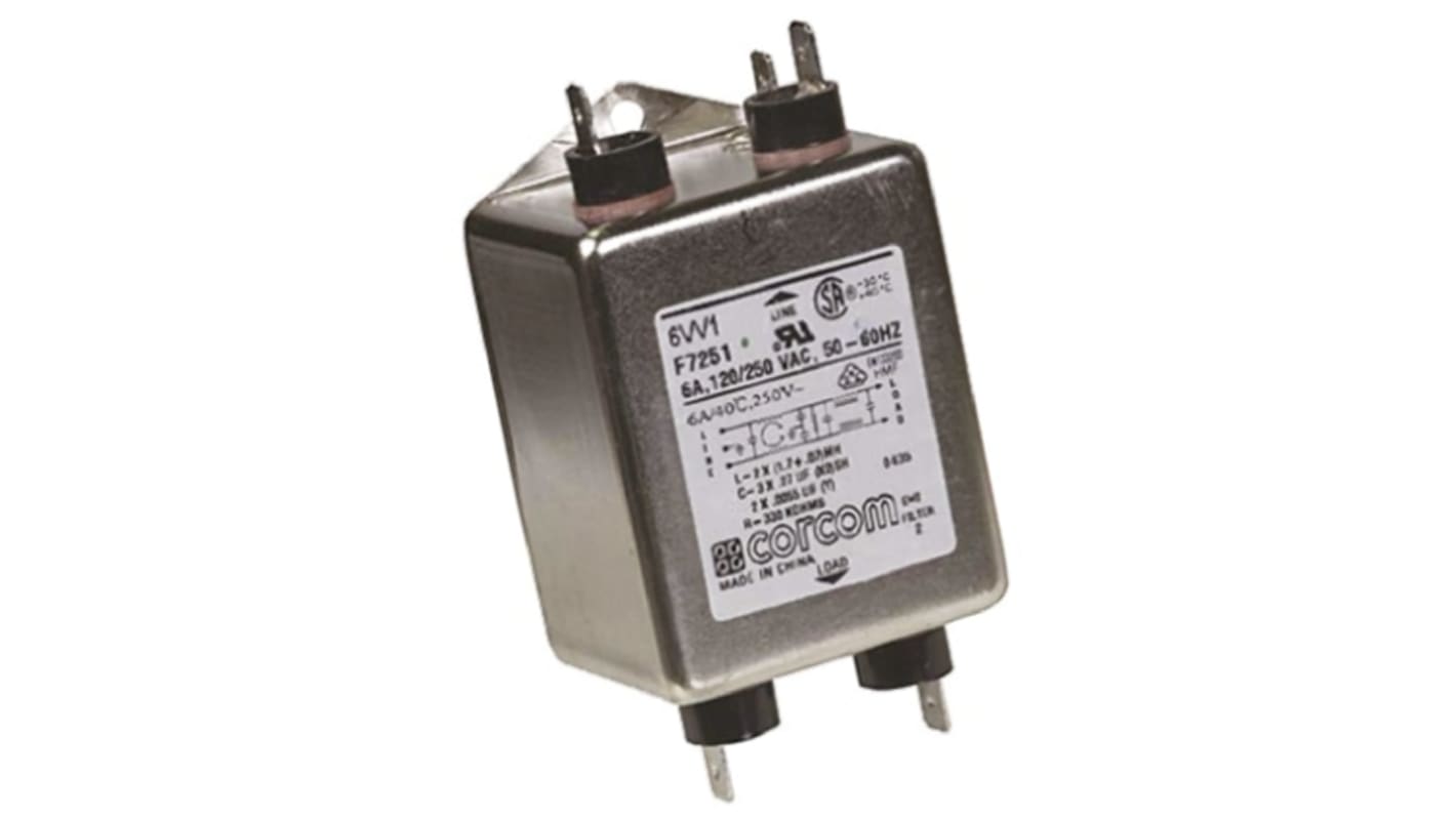 TE Connectivity, Corcom V 6A 250 V ac 50/60Hz, Flange Mount RFI Filter, Fast-On, Single Phase