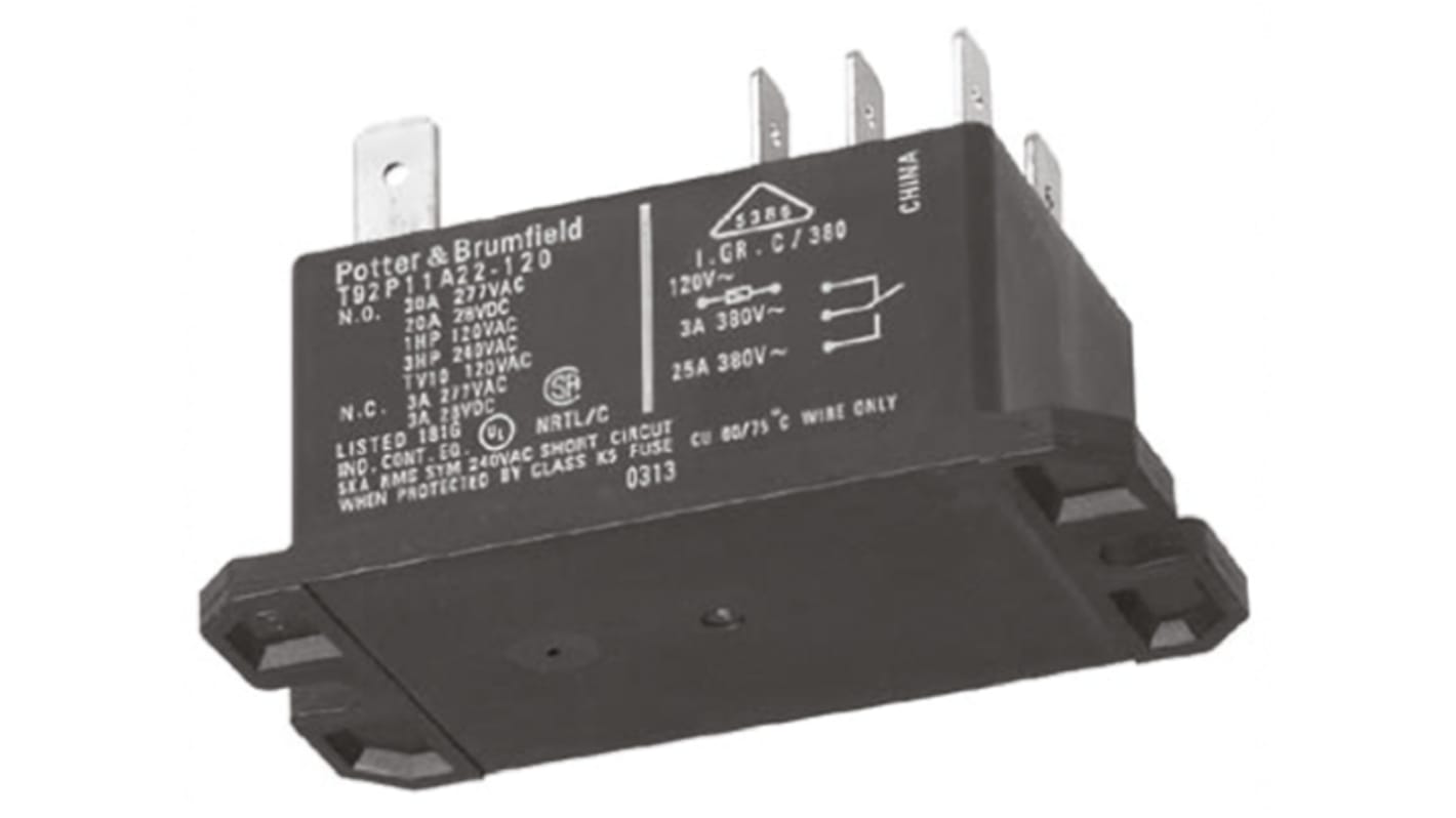 TE Connectivity Panel Mount Power Relay, 110 → 120V ac Coil, 30A Switching Current, DPDT