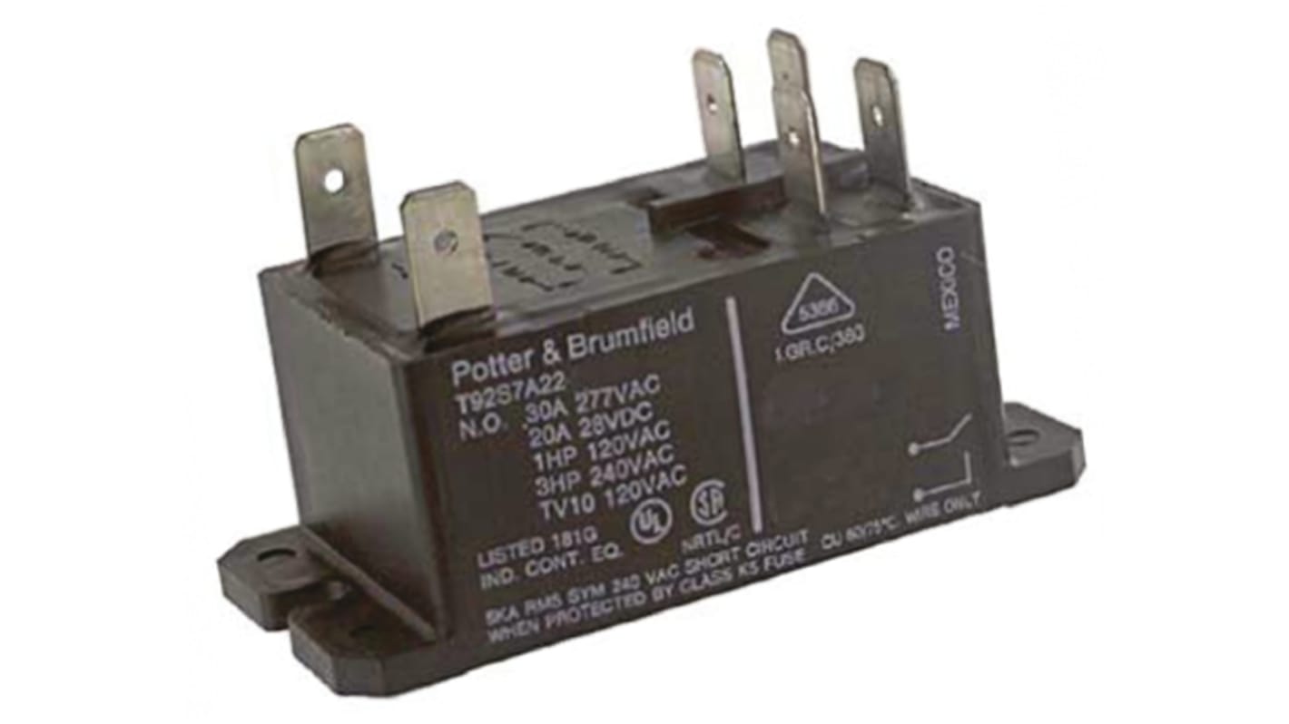 TE Connectivity Panel Mount Power Relay, 115V dc Coil, 30A Switching Current, DPST