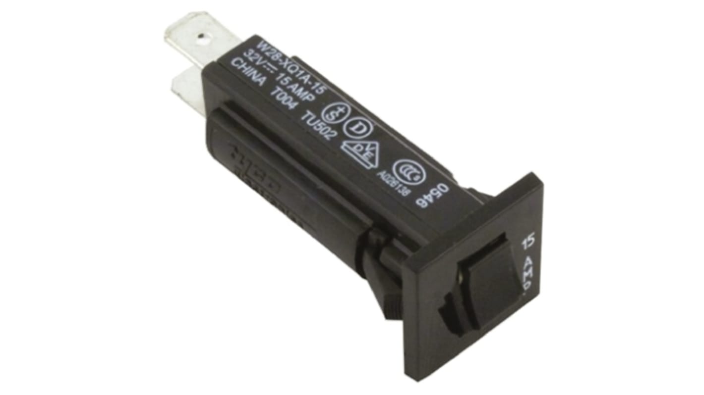 TE Connectivity Thermal Circuit Breaker - W28  Single Pole 32 V dc, 250V ac Voltage Rating, 15A Current Rating