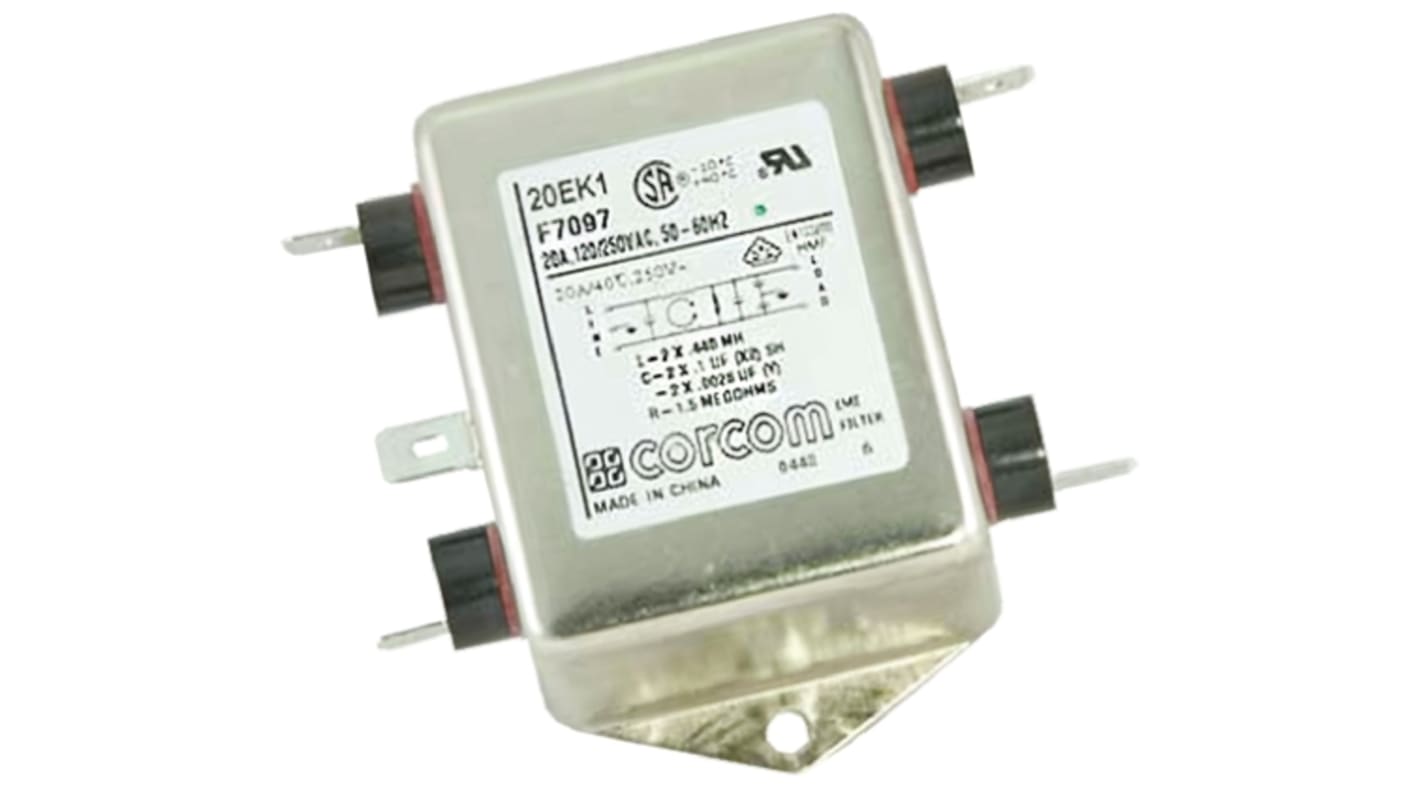 TE Connectivity, Corcom K 20A 250 V ac 50/60Hz, Flange Mount RFI Filter, Fast-On, Single Phase