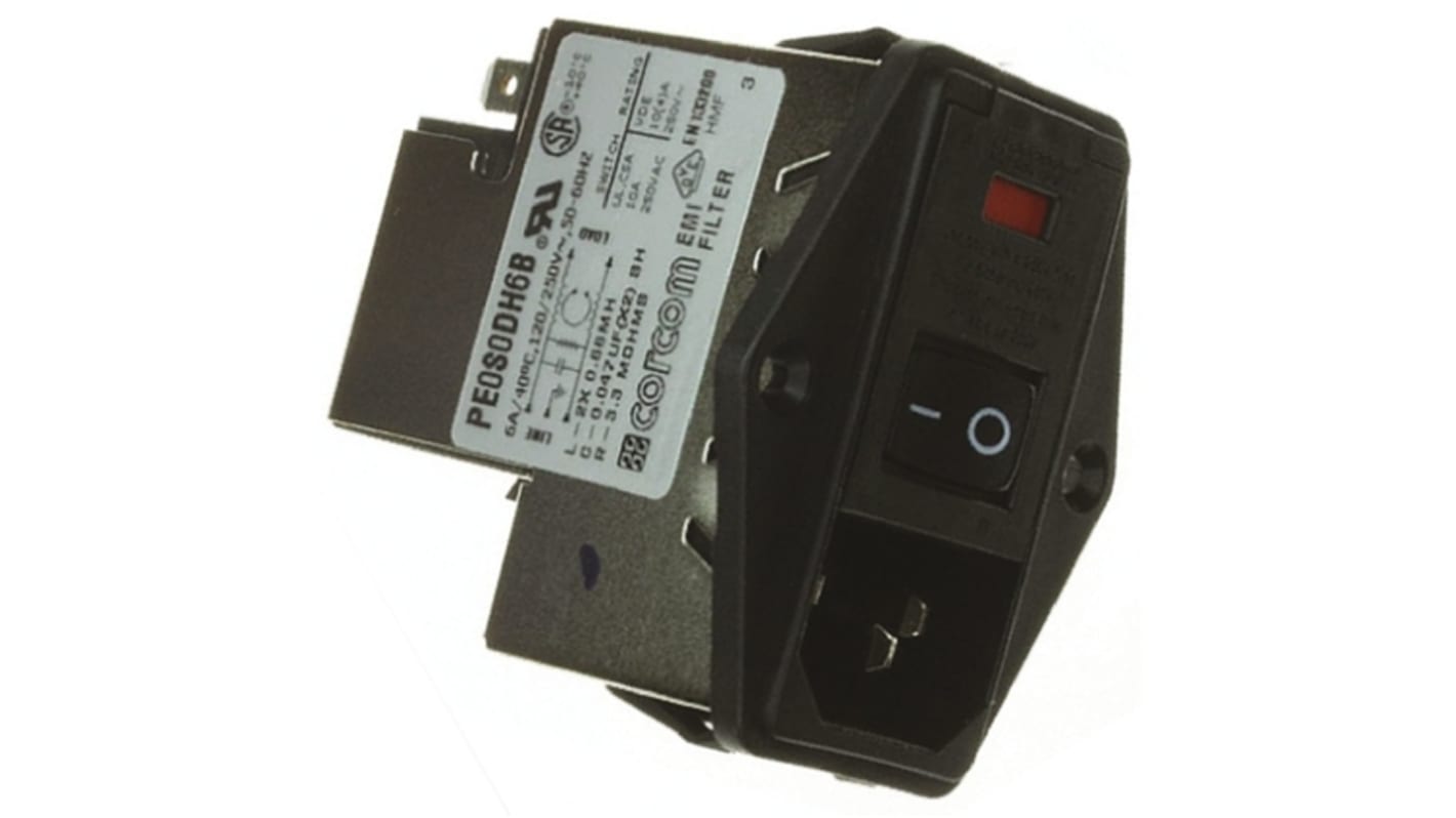 TE Connectivity 6A, 250 V ac Male Flange Mount IEC Filter 2 Pole PE0S0DH6B, Spade 2 Fuse