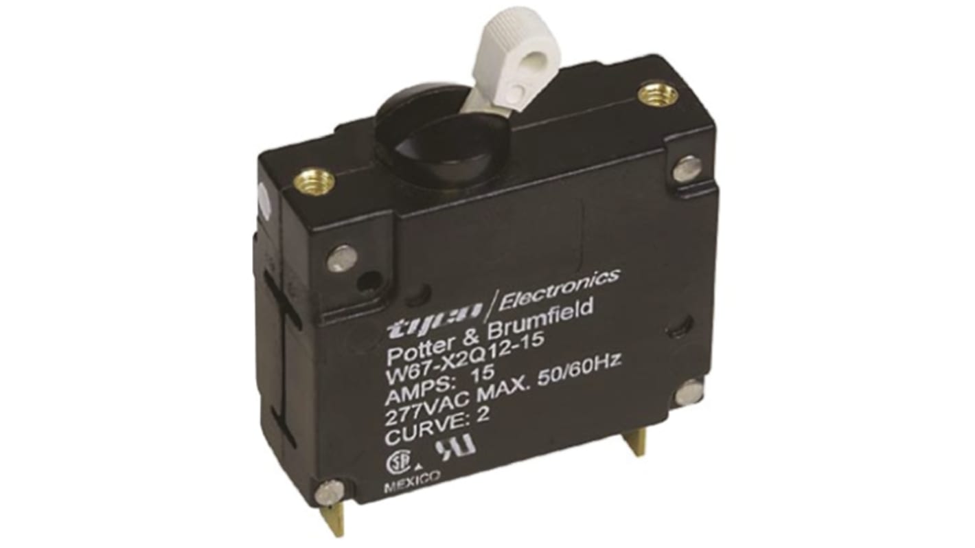 TE Connectivity Thermal Magnetic Circuit Breaker - W67  Single Pole 277V ac Voltage Rating, 15A Current Rating