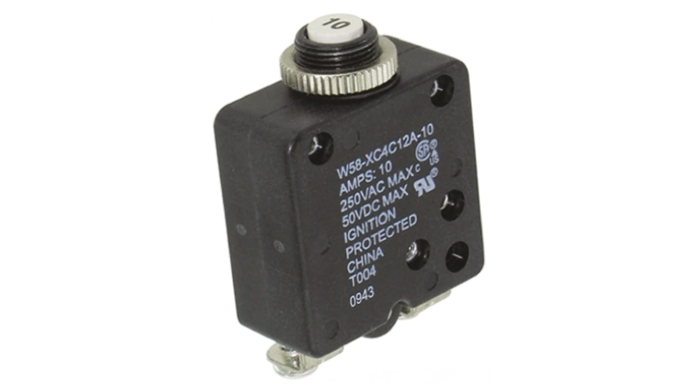 TE Connectivity Thermal Circuit Breaker - W58  Single Pole 50 V dc, 250V ac Voltage Rating, 10A Current Rating