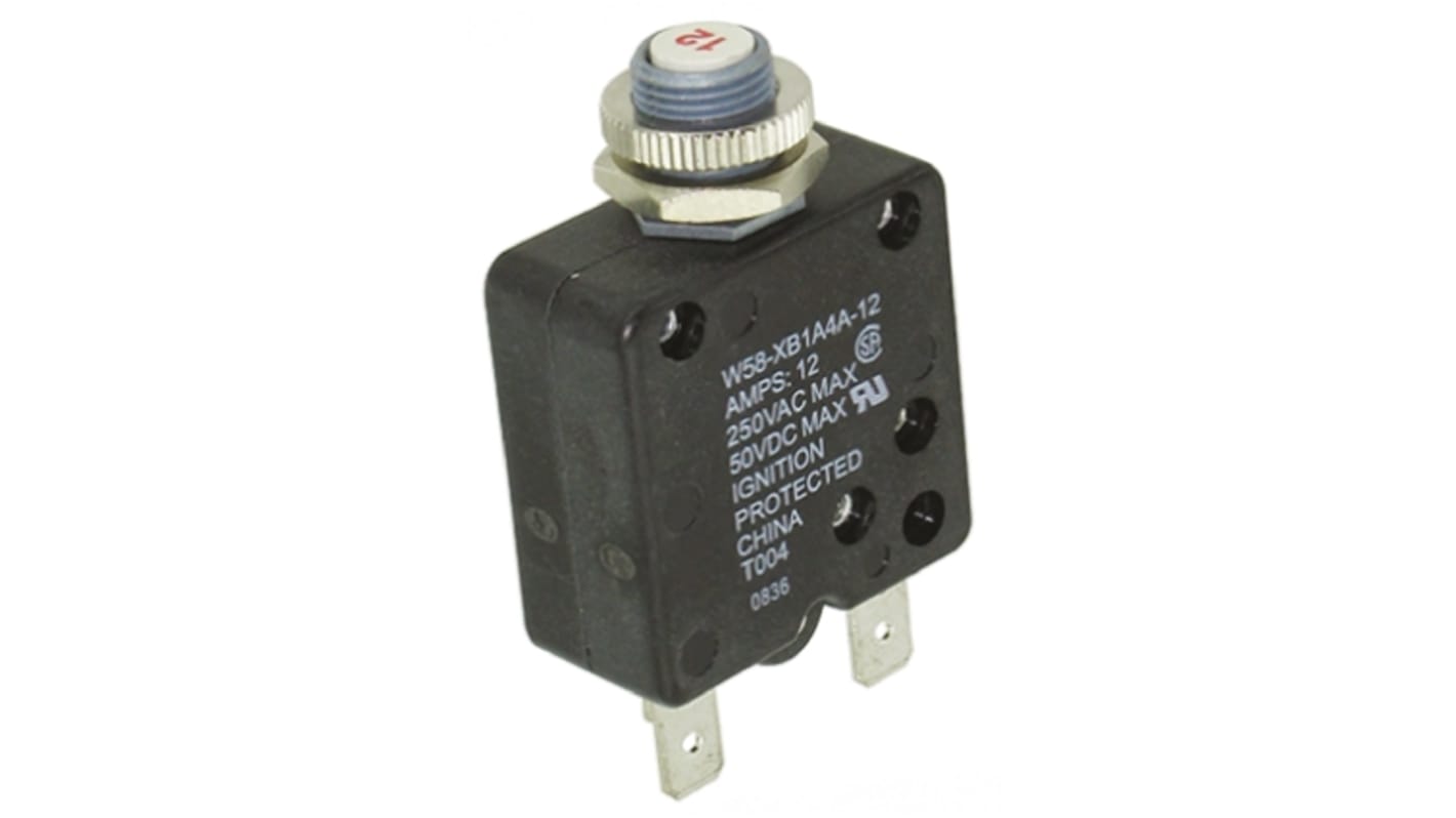 W58-XB1A4A-12 TE Connectivity | TE Connectivity Thermal Circuit Breaker - W58 Single Pole 50 V Dc, 250V Ac Voltage Rating, 12A Current Rating | 782-7962 | RS