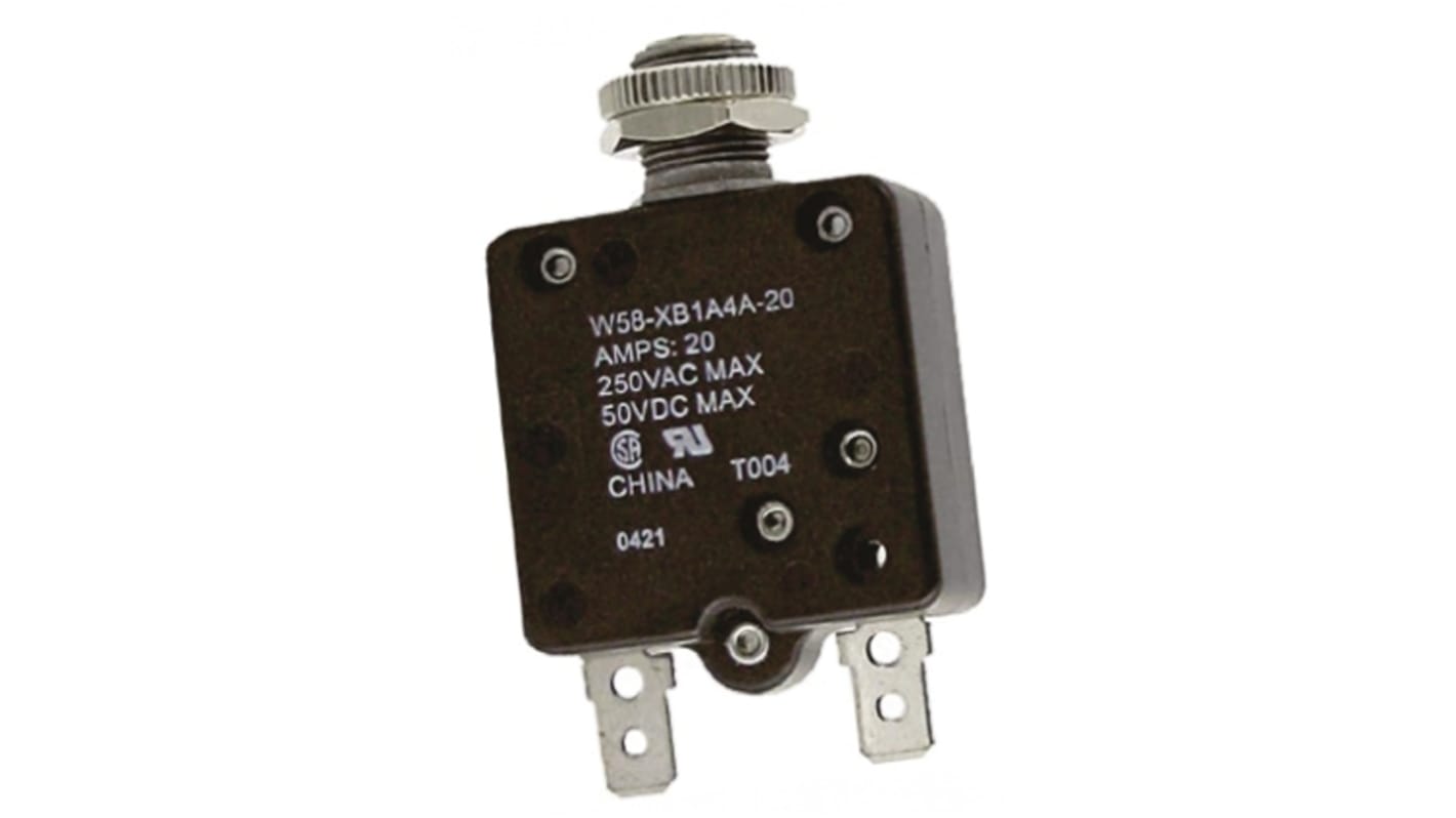 TE Connectivity Thermal Circuit Breaker - W58  Single Pole 50 V dc, 250V ac Voltage Rating, 20A Current Rating
