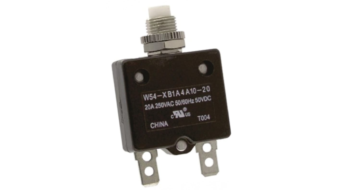 TE Connectivity Thermal Circuit Breaker - W54  Single Pole 250V ac Voltage Rating, 20A Current Rating