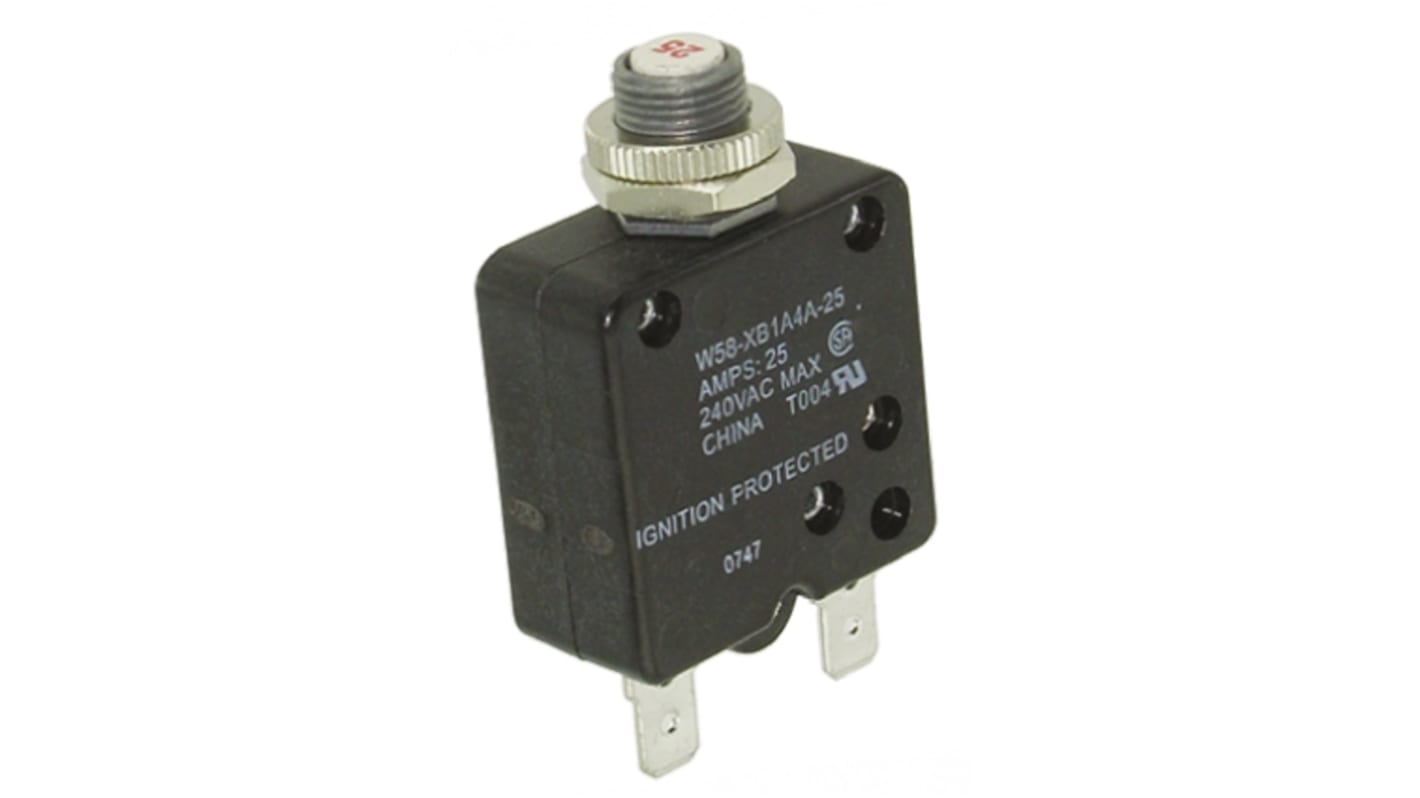 TE Connectivity Thermal Circuit Breaker - W58  Single Pole 50 V dc, 250V ac Voltage Rating, 25A Current Rating