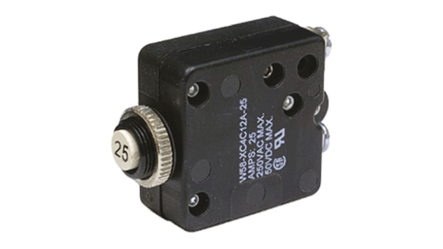 TE Connectivity Thermal Circuit Breaker - W58  Single Pole 50 V dc, 250V ac Voltage Rating, 25A Current Rating