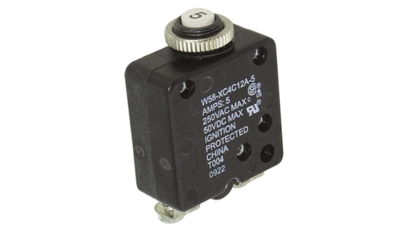 TE Connectivity Thermal Circuit Breaker - W58  Single Pole 50 V dc, 250V ac Voltage Rating, 5A Current Rating
