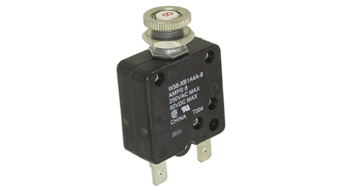TE Connectivity Thermal Circuit Breaker - W58  Single Pole 50 V dc, 250V ac Voltage Rating, 8A Current Rating
