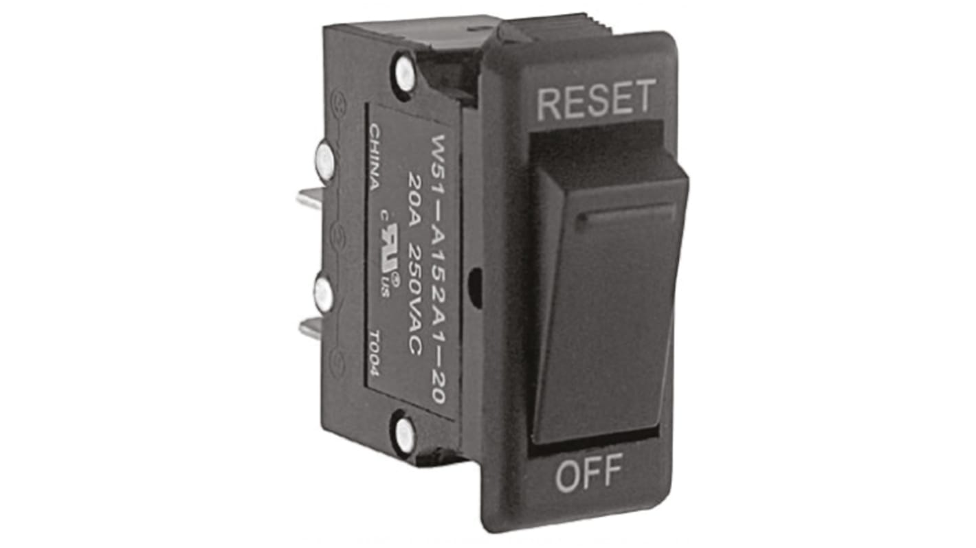 TE Connectivity Thermal Circuit Breaker - W51  Single Pole 250V ac Voltage Rating, 20A Current Rating