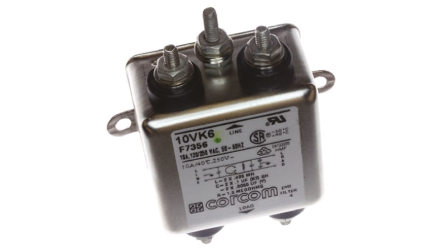TE Connectivity 单相RFI滤波器, 10A, 250 V 交流, 50/60Hz, 法兰安装, 一阶, Corcom K系列