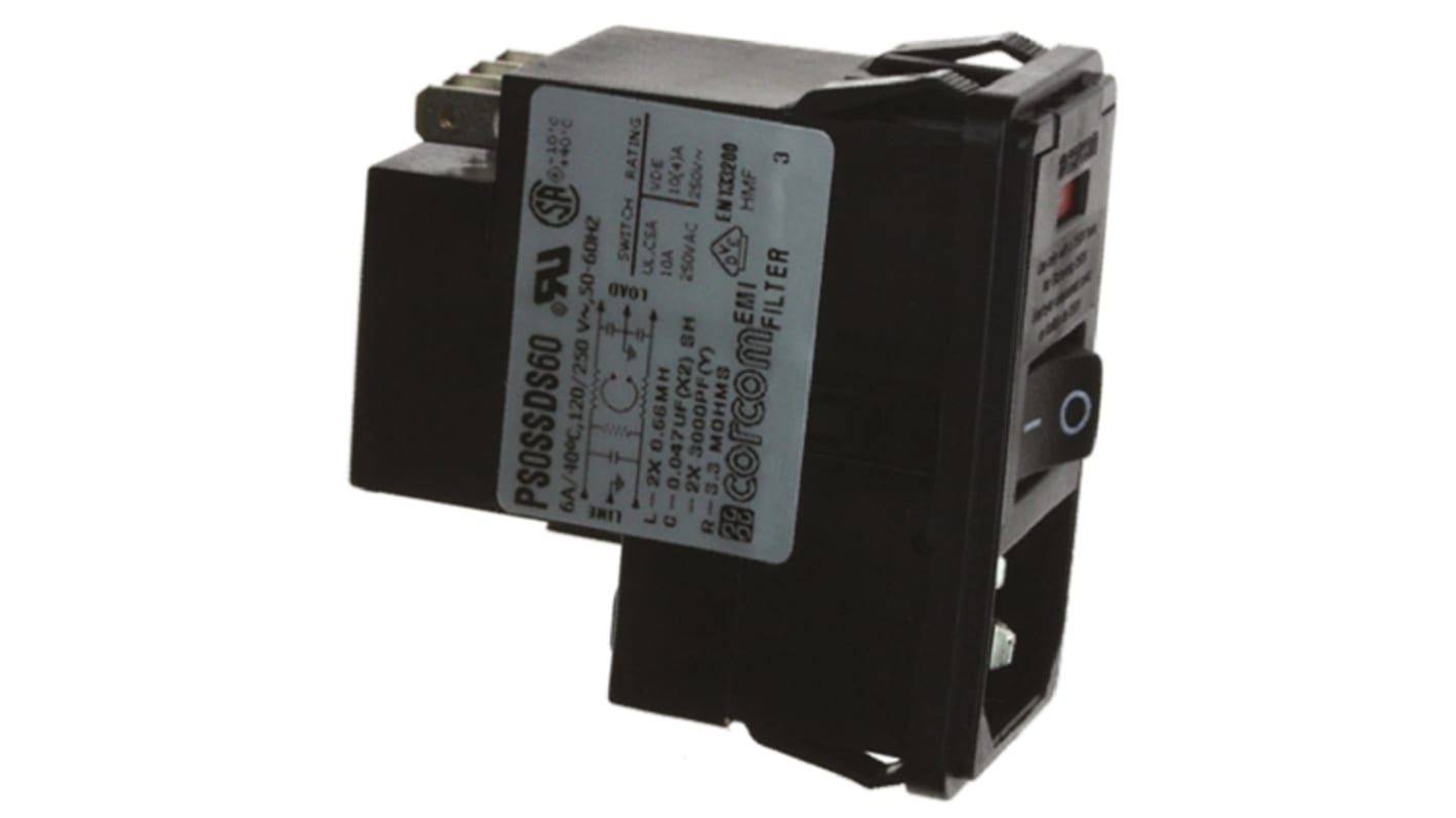 TE Connectivity 6A, 250 V ac Male Snap-In IEC Filter 2 Pole PS0SSDS60, Spade 2 Fuse